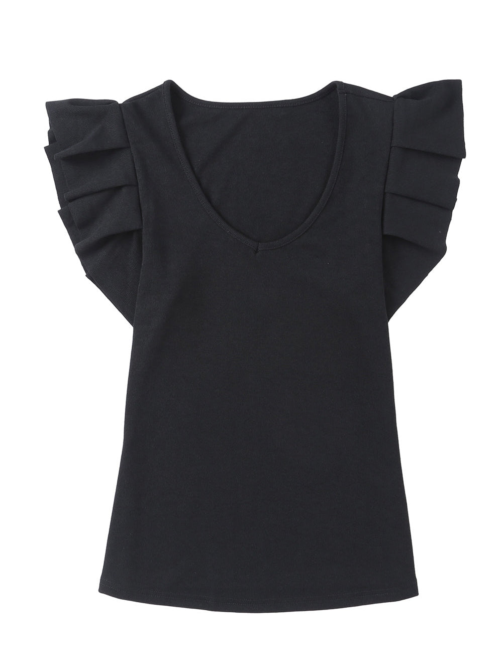 Elegant Black Ribbed Ruffle Sleeve U Neck Top