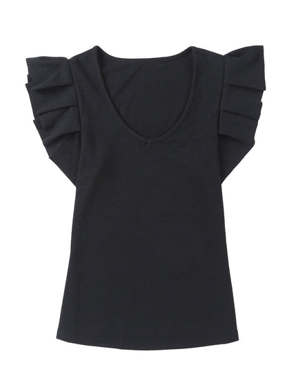 Elegant Black Ribbed Ruffle Sleeve U Neck Top