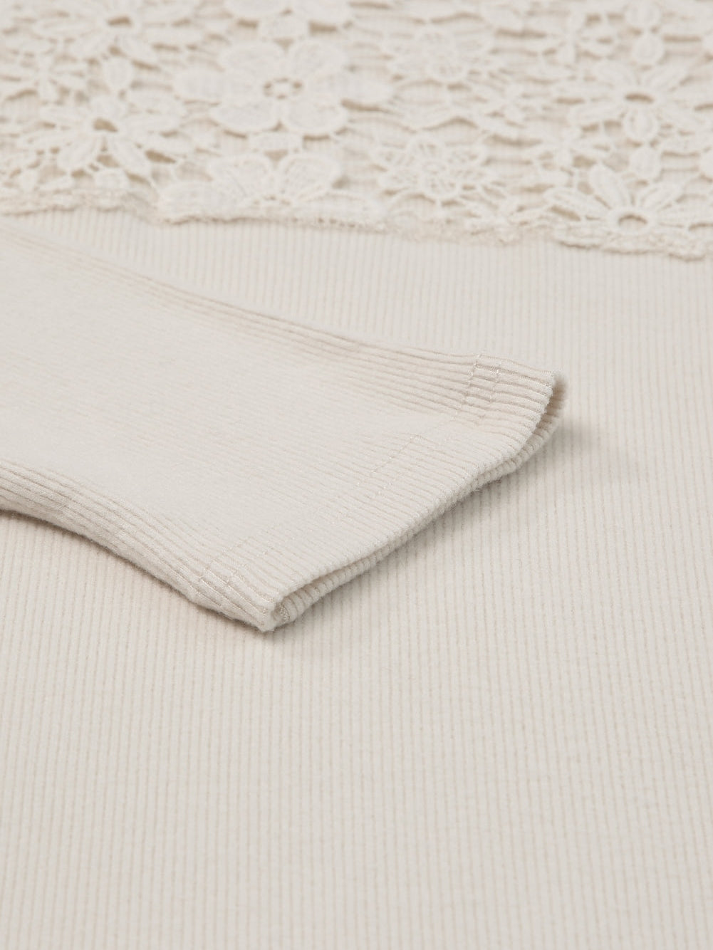 Beige Floral Lace V-Neck Sheath Top with Long Sleeves