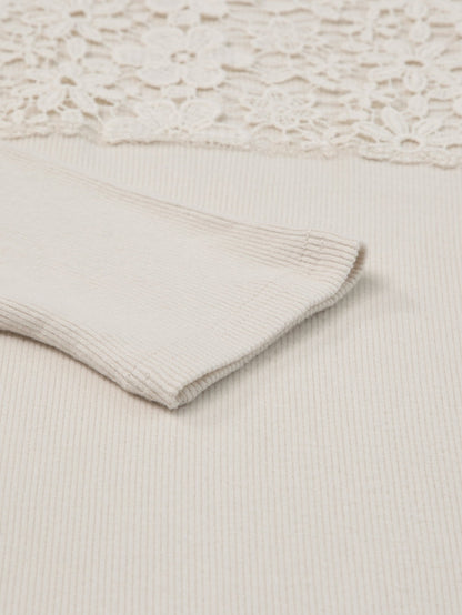 Beige Floral Lace V-Neck Sheath Top with Long Sleeves