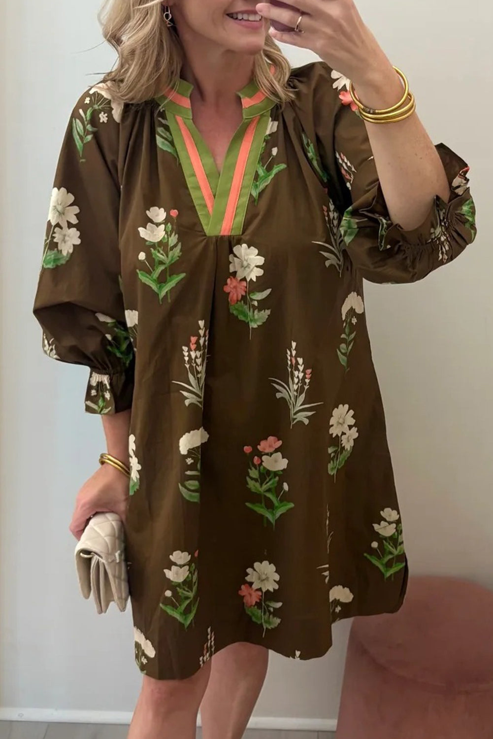 Brown Floral Print Striped Contrasted V Neck Flounced Bracelet Sleeve Shift Dress