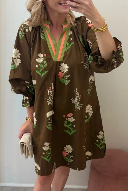 Brown Floral Print Striped Contrasted V Neck Flounced Bracelet Sleeve Shift Dress