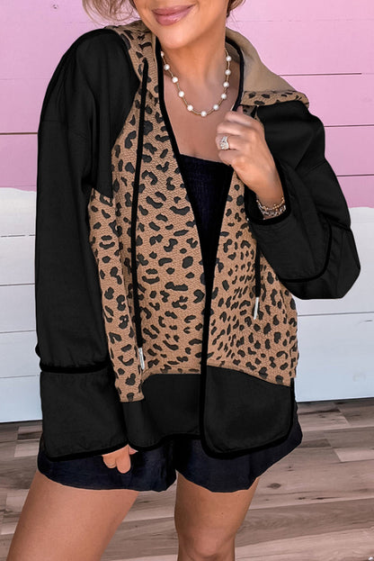 Black Leopard Star Hooded Patchwork Contrast Piping Open Front Jacket