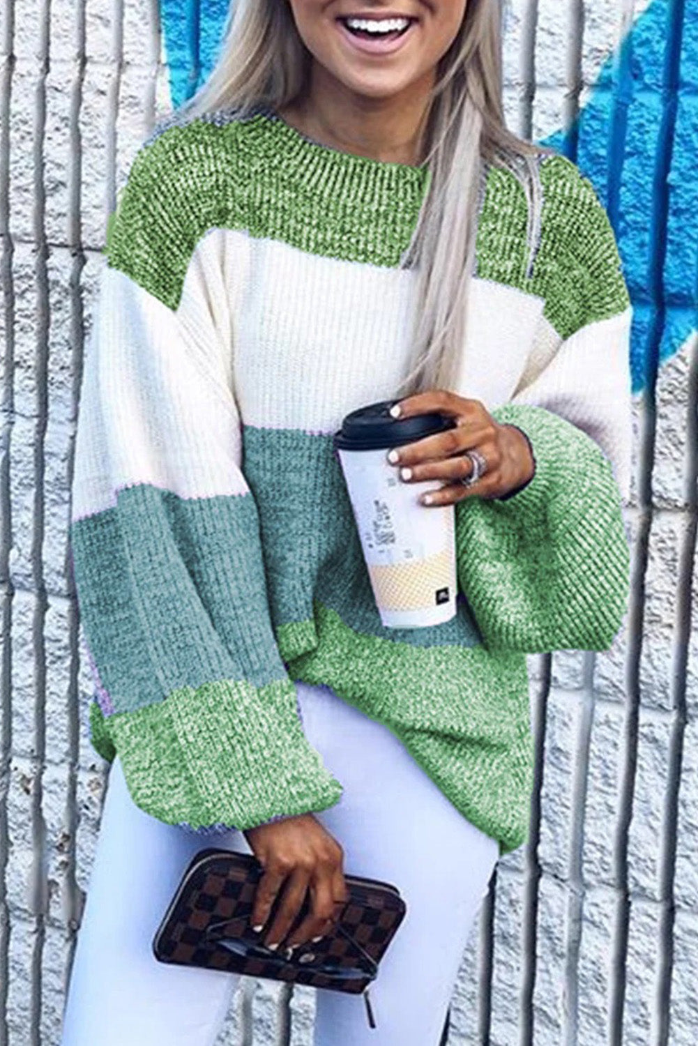 Green Long Sleeve Knitted Round Neck Casual Sweater