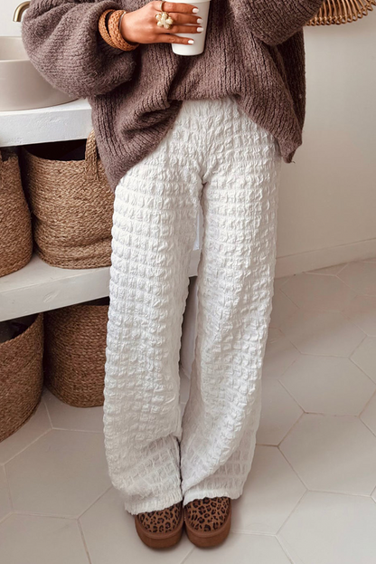 White Bubble Textured Straight High Waist Trousers