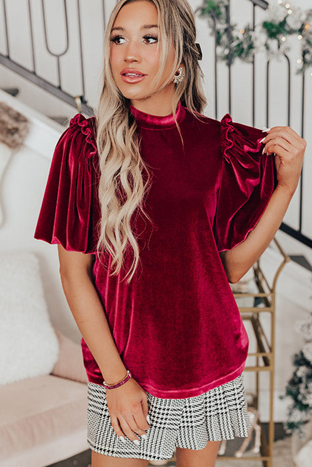 Red Dahlia Frilled Short Puff Sleeve Velvet Blouse
