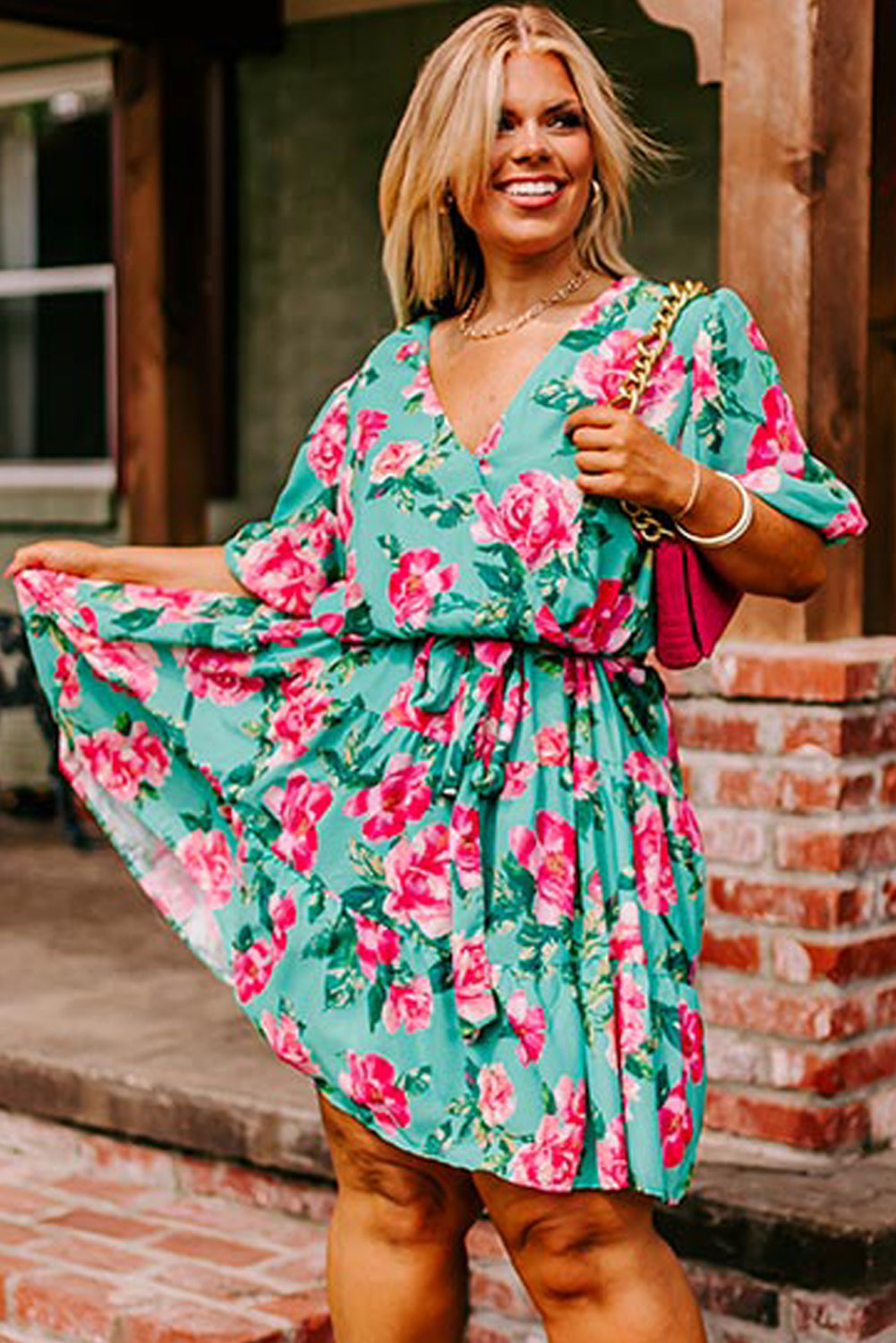 Green Floral Surplice Ruffled A-Line Plus Size Dress