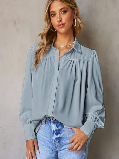 Elegant Sky Blue Puff Sleeve Polyester Blouse