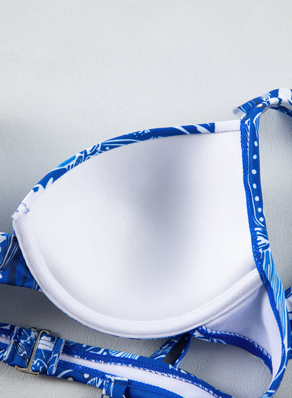 Floral White Bikini Set with Ruffled Bottom and Cover-Up