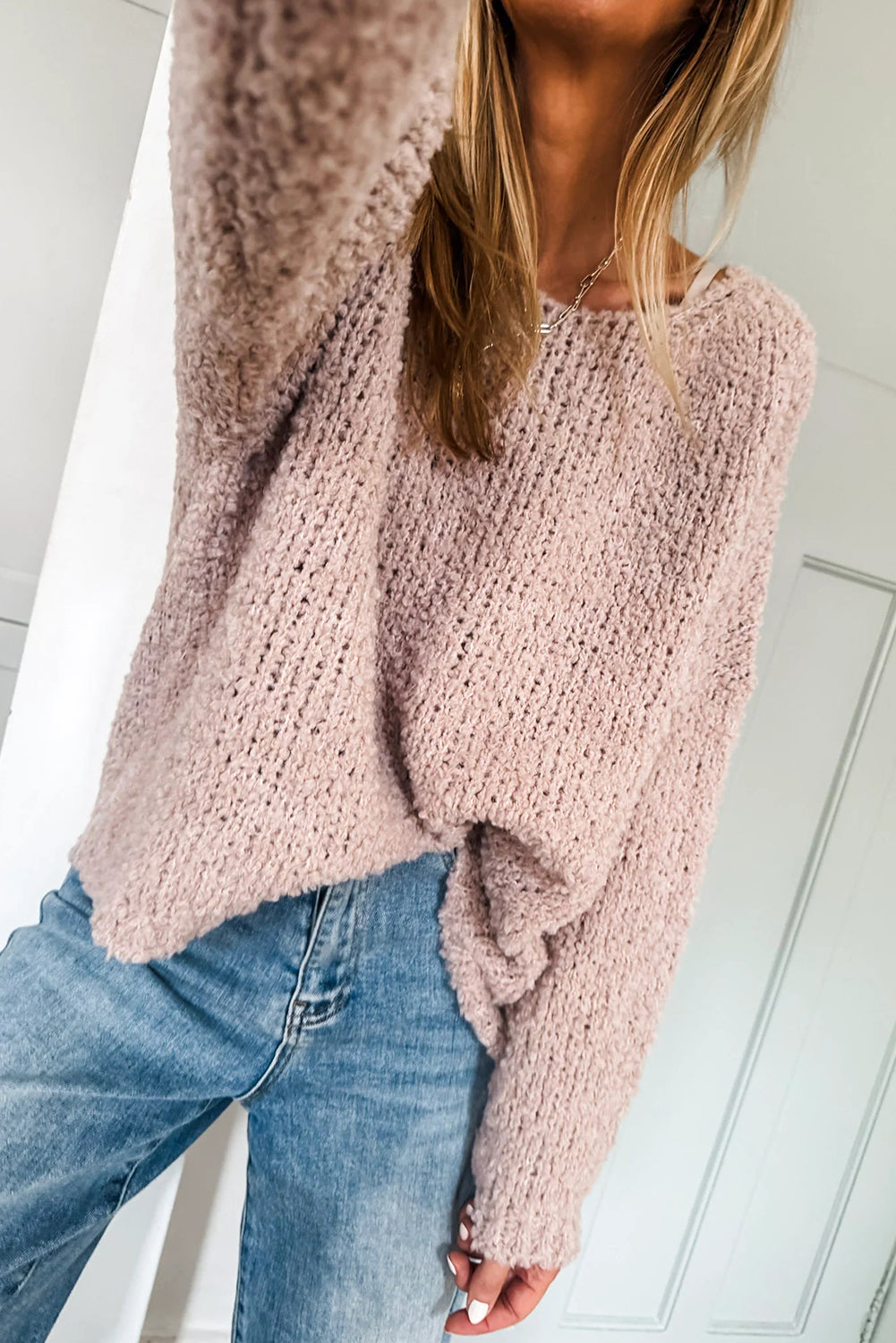 Dusty Pink Round Neck Fuzzy Knit Drop Shoulder Loose Sweater