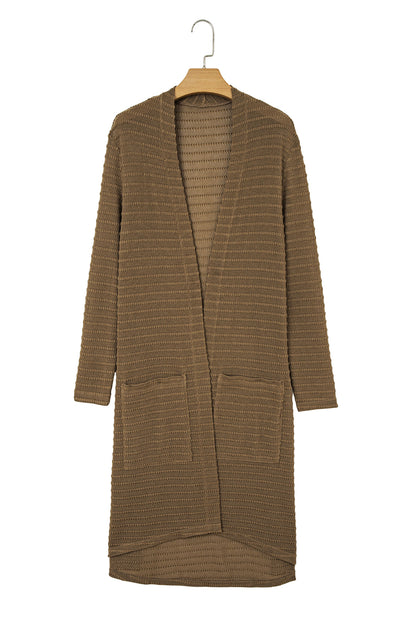 Camel Double Patch Pocket Striped Texture Knit Open Front Duster Cardigan