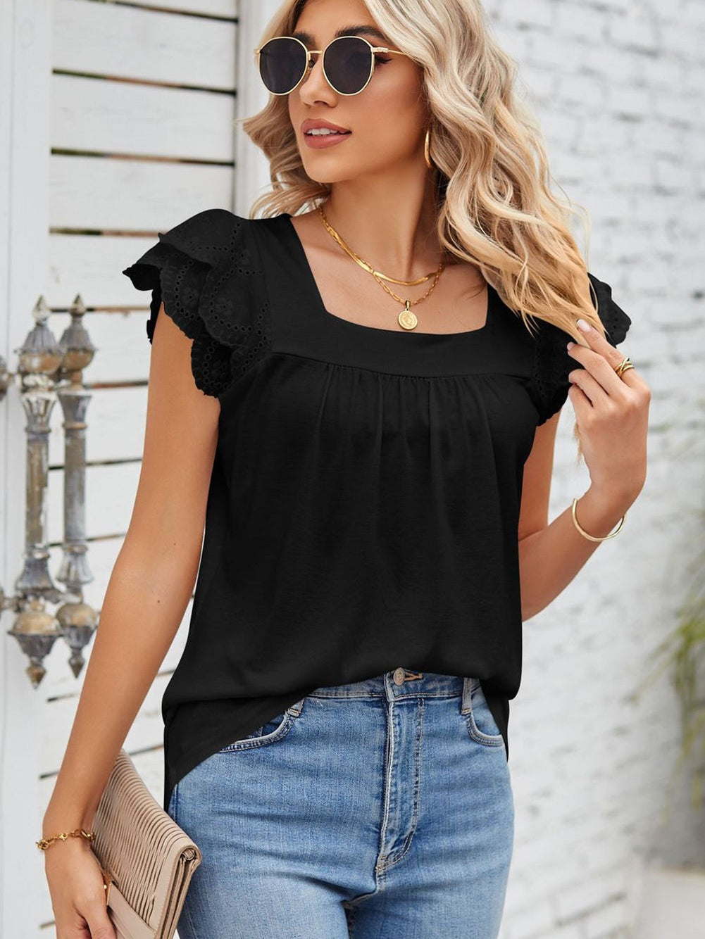 Elegant Black Square Neck Top with Ruffle Sleeves