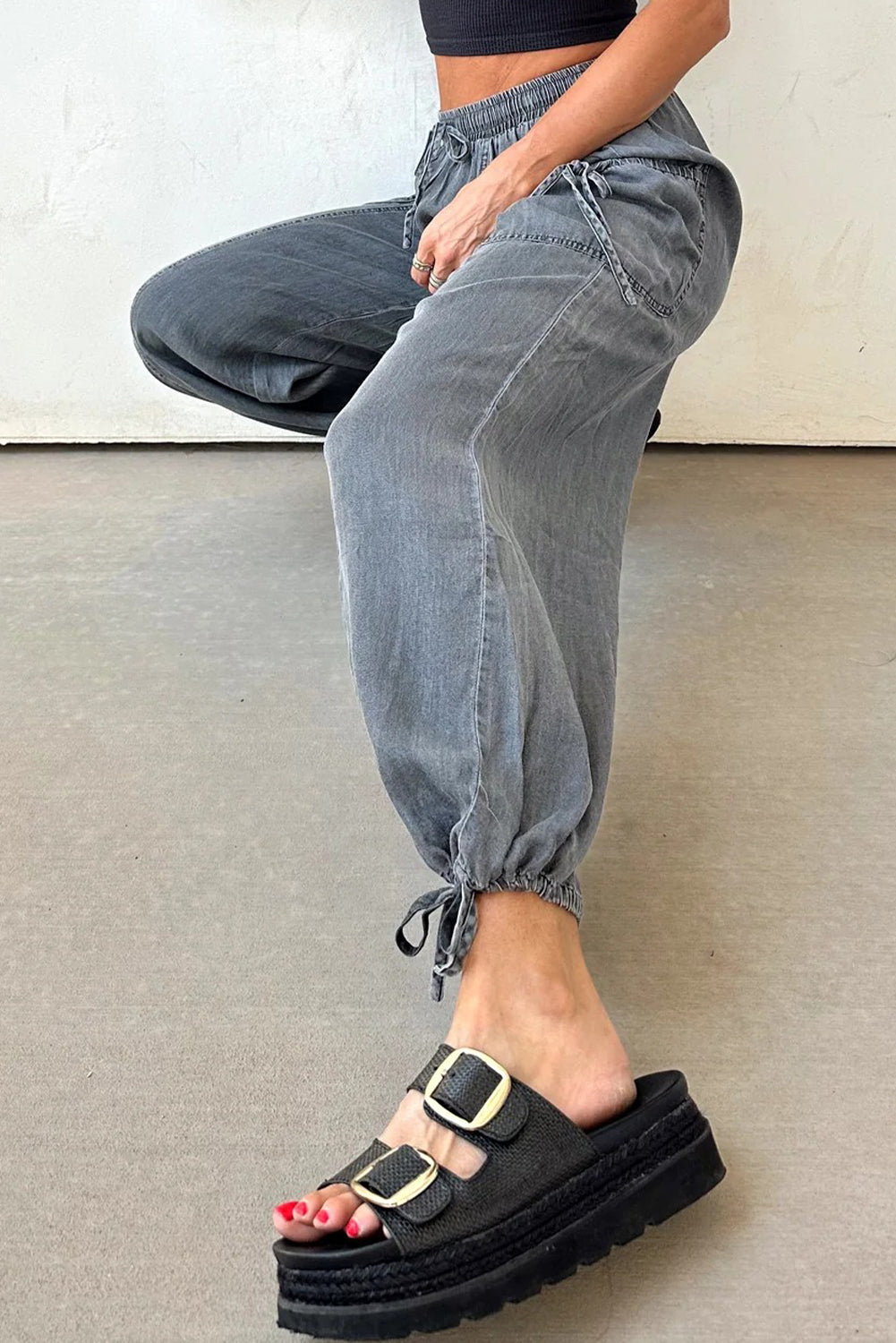 Medium Grey Drawstring Elastic Waist Pocketed Knot Hem Denim Joggers