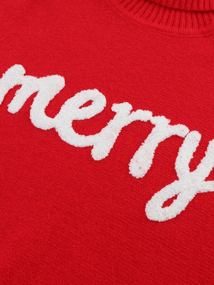 Festive Crimson Turtleneck Embroidered Letter Sweater