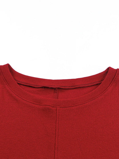 Fiery Red Crew Neck Patchwork Long Sleeve Casual Top