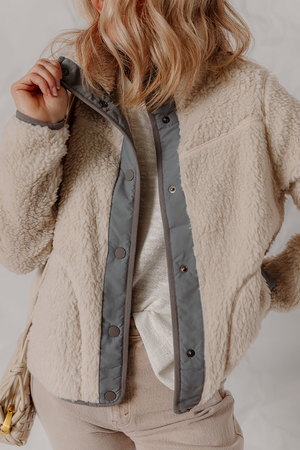 Oatmeal Fleece Sherpa Snap Buttoned Contrast Trim Winter Jacket