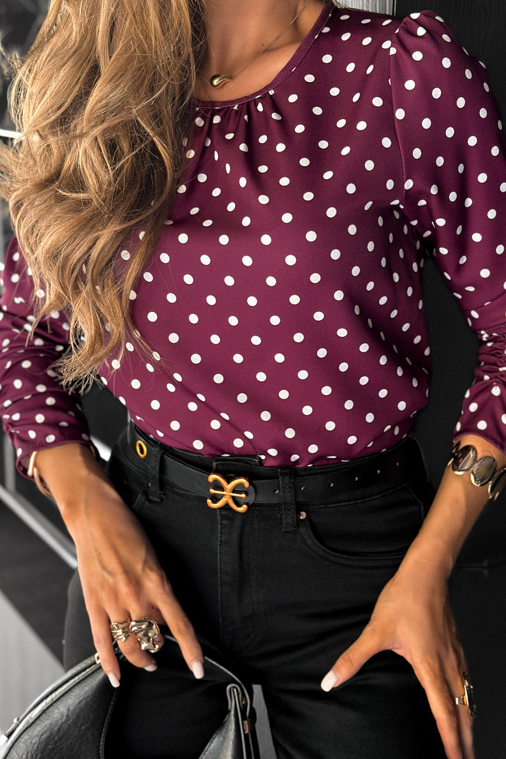 Violet Pleated Round Neck Polka Dot Long Sleeve Blouse