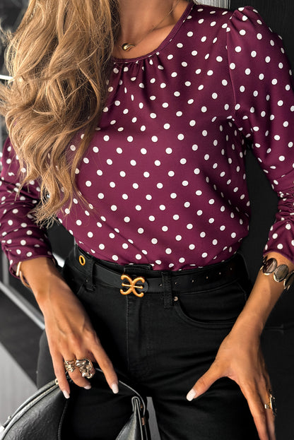 Violet Pleated Round Neck Polka Dot Long Sleeve Blouse