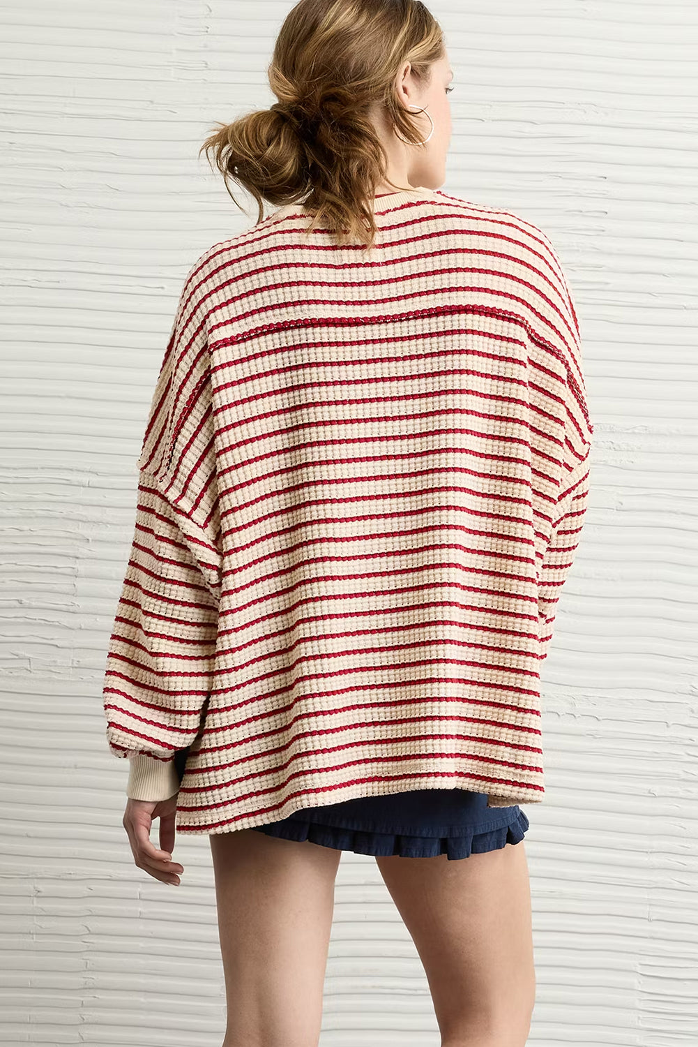 Red Stripe Ribbed Patchwork Drop Shoulder Side Slit Oversize Sweatshirt