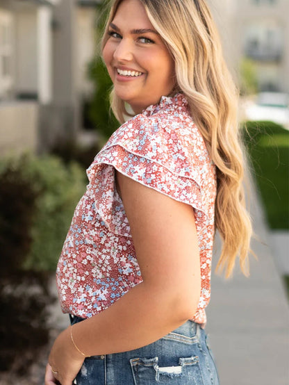 Pink Plus Size Floral Print Ruffled Sleeve Frilled Neck Blouse