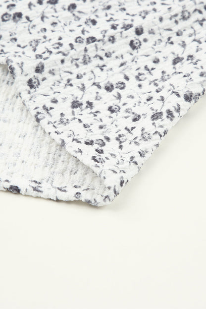Floral Print Bubble Sleeve Black Blouse with Crinkle Texture