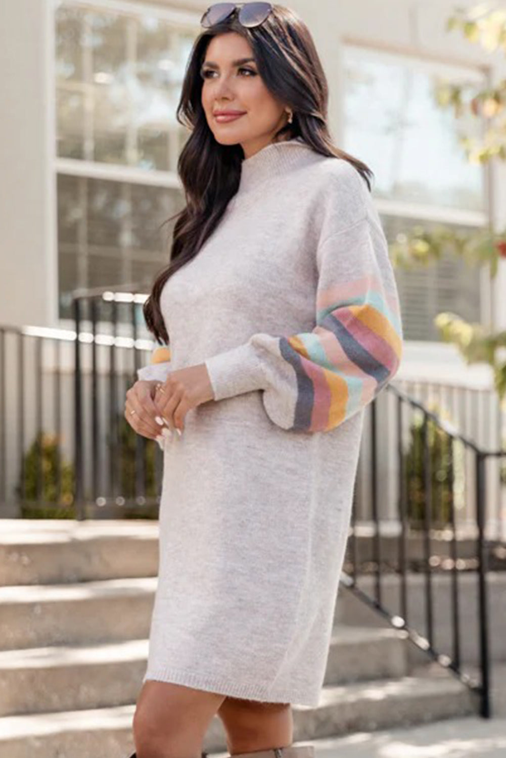 Light Grey Striped Detail Puff Sleeve High Neck Shift Mini Sweater Dress