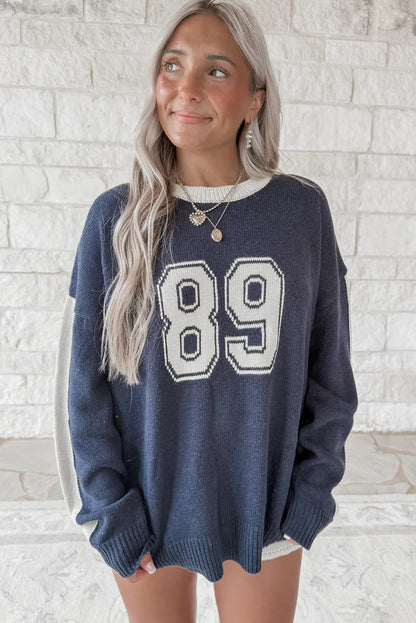 Dirty blue Number 89 Drop Shoulder Color Block Knit Baggy Sweater