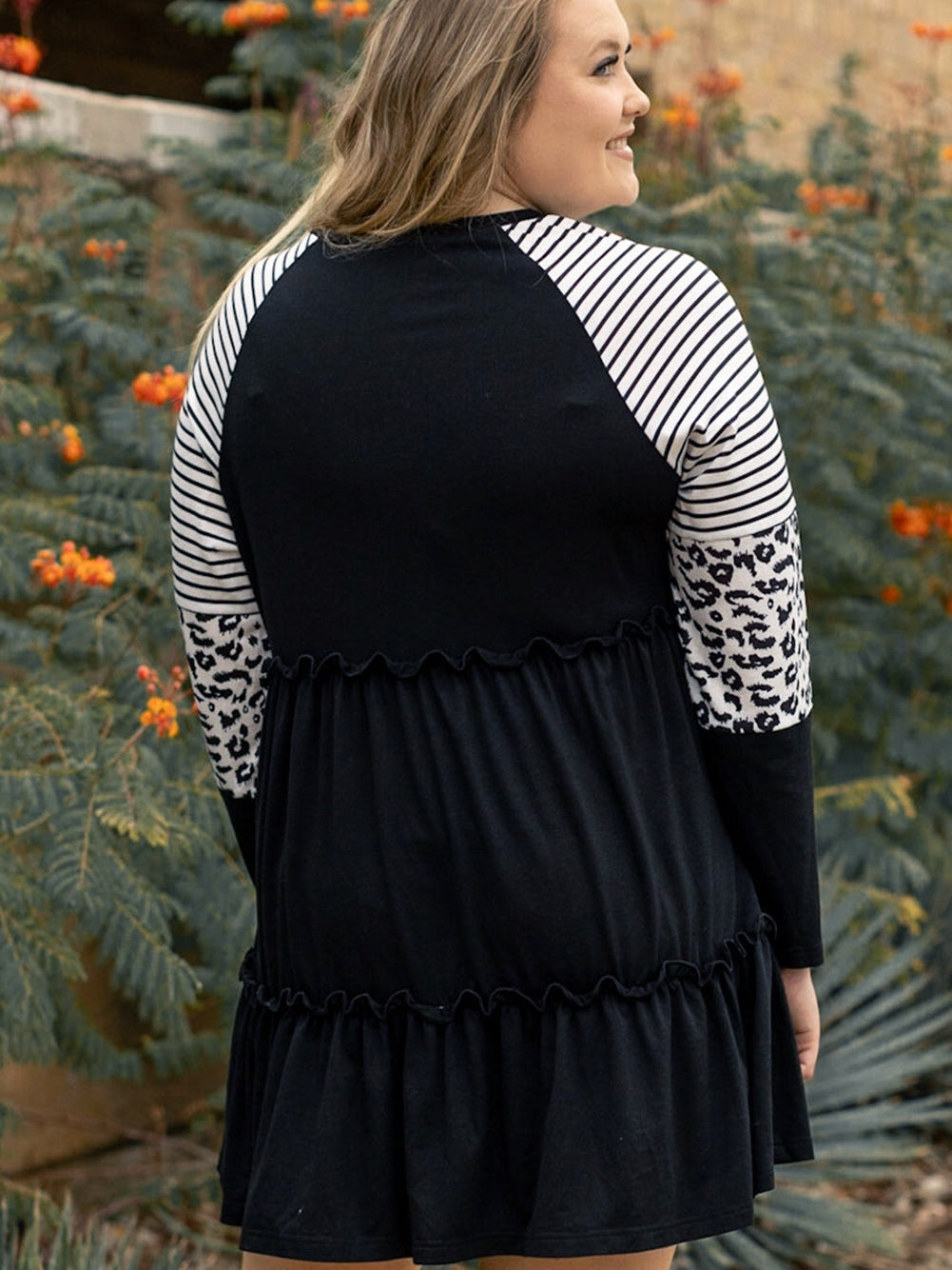 Black Plus Size Striped Leopard Patch Sleeve Ruffle Tiered Dress