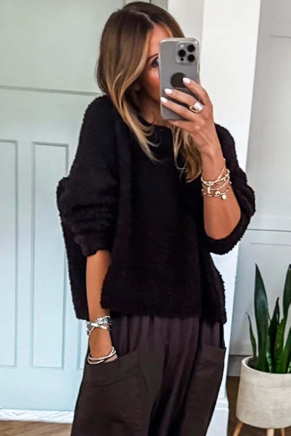 Black Round Neck Fuzzy Knit Drop Shoulder Loose Sweater