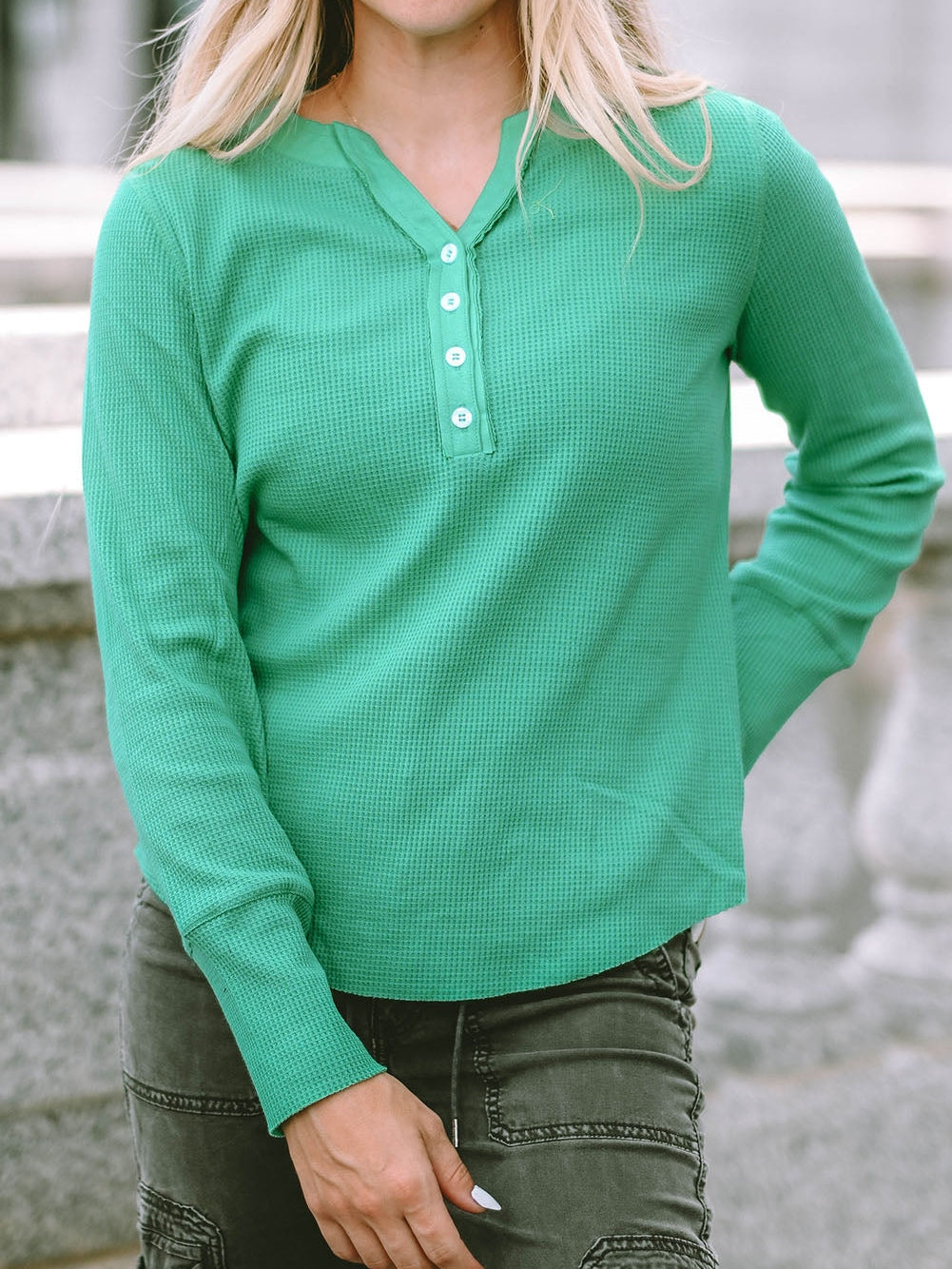 Green Button-Up Waffle Knit Henley Top