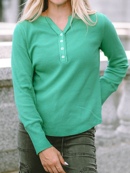 Green Button-Up Waffle Knit Henley Top