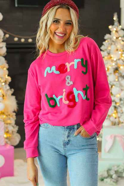 Rose Red Merry & Bright Christmas Letter Graphic Sweatshirt