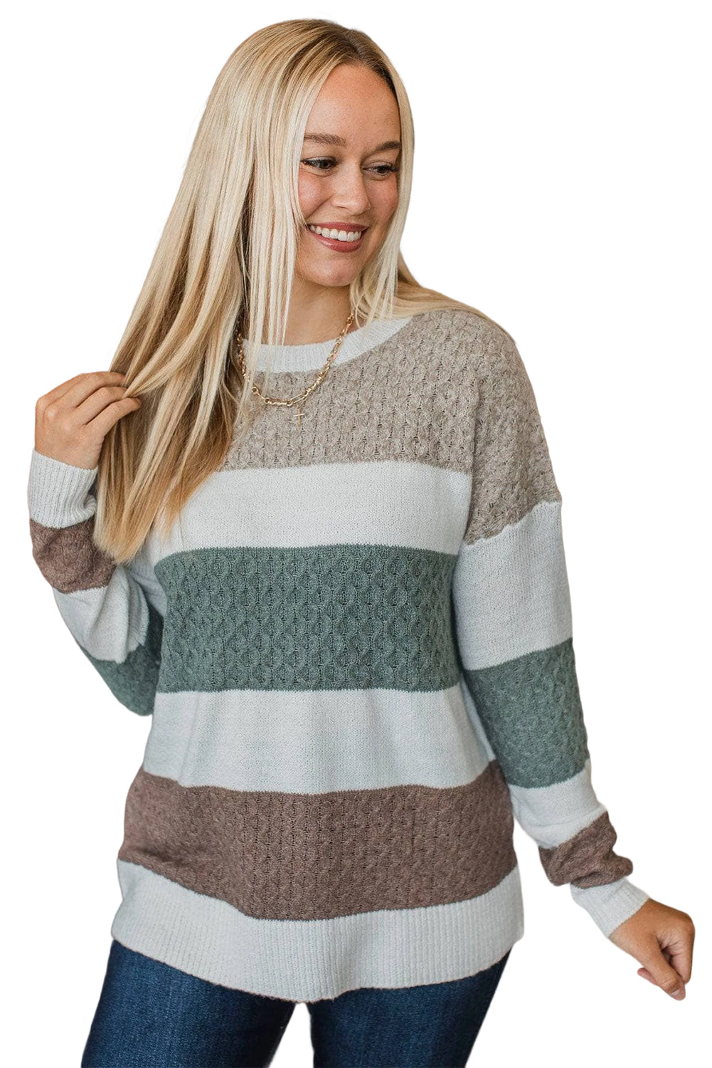 Green Mixed Texture Knit Striped Color Block Loose Sweater
