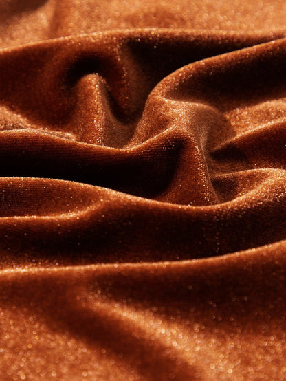 Golden Flare Lantern Sleeve Embellished Split V-Neck Velvet Blouse