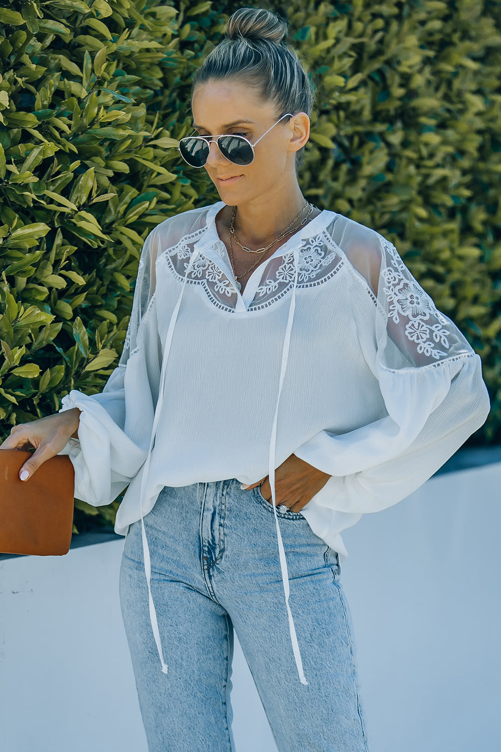 Elegant White Lace Detail V-Neck Blouse