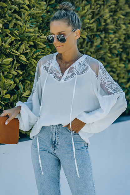 Elegant White Lace Detail V-Neck Blouse