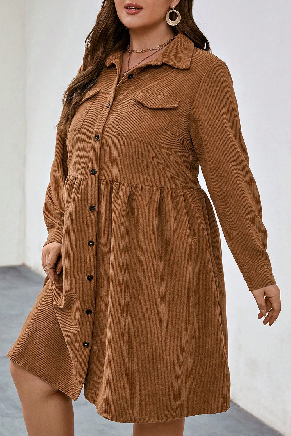 Camel Corduroy Full Buttoned Collared Shirt Style Plus Size Dress