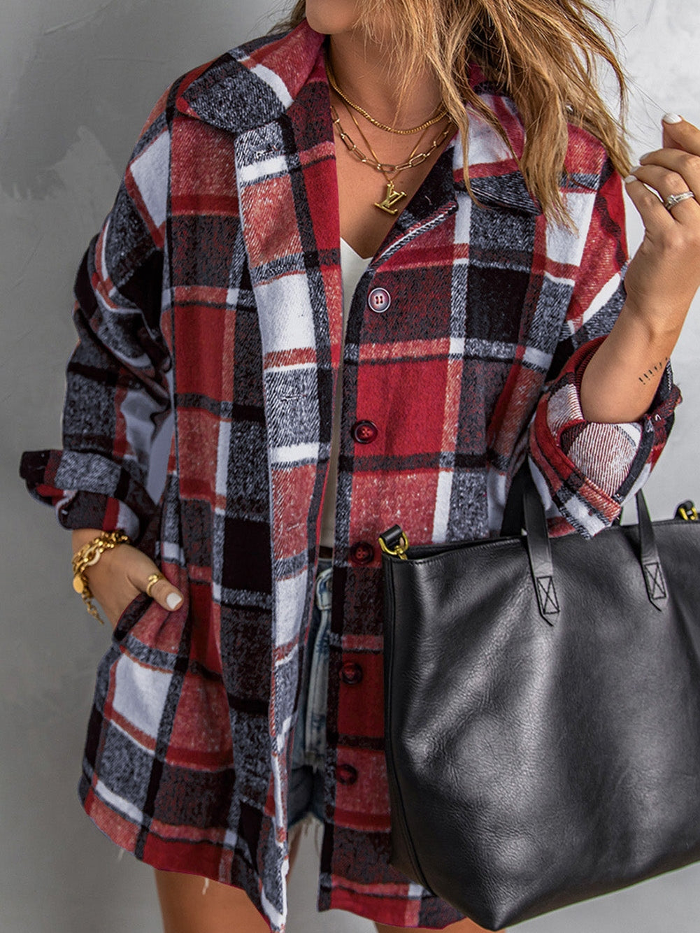 Fiery Orange Plaid Print Button-Up Shirt Jacket