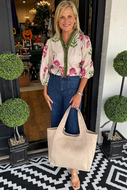 Beige Contrast Frilled Neckline Floral Bracelet Sleeve Blouse
