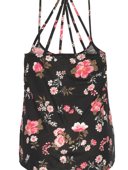 Floral Strappy Racerback Tank Top in Black Plus Size