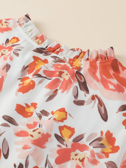 Vibrant Crimson Frilled Neck Ruffle Sleeveless Floral Dress