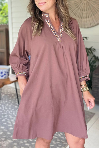 Old Rose Contrast Trim V Neck Bracelet Sleeve Shift Mini Dress