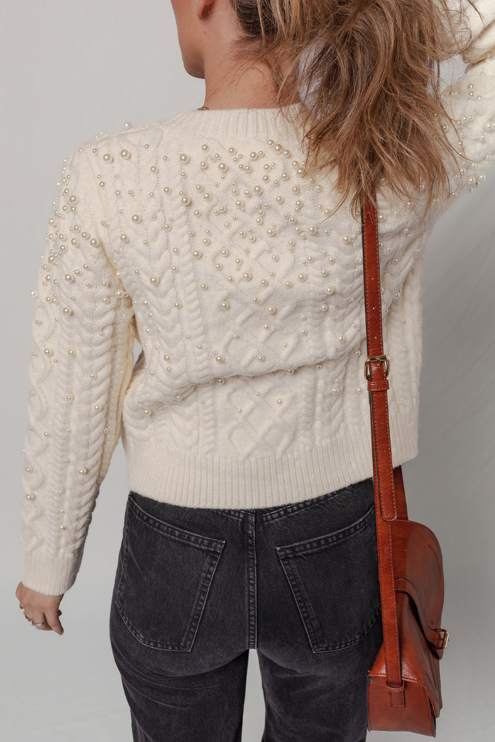 Beige Cable Knit Pearl Embellished Sweater