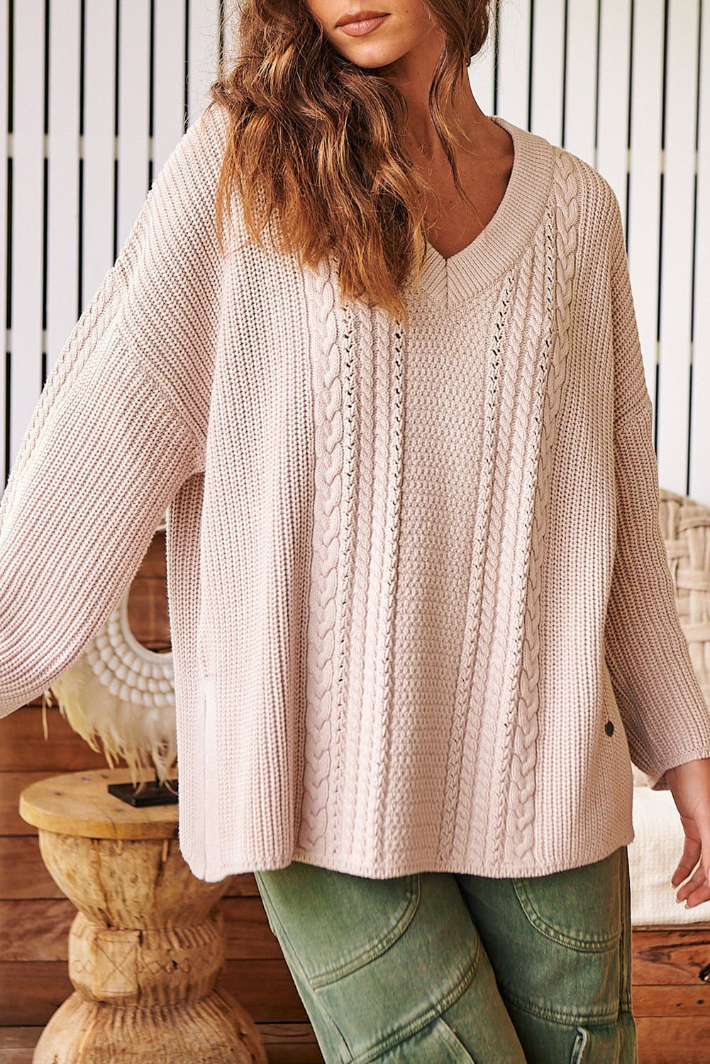 Jet Stream Cable Knit V Neck Side Slits Baggy Sweater