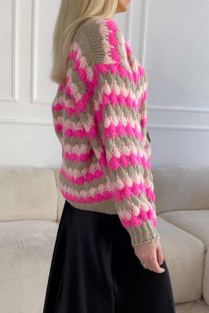Rose Red Chic Striped Pattern Button V Neck Oversize Sweater Cardigan