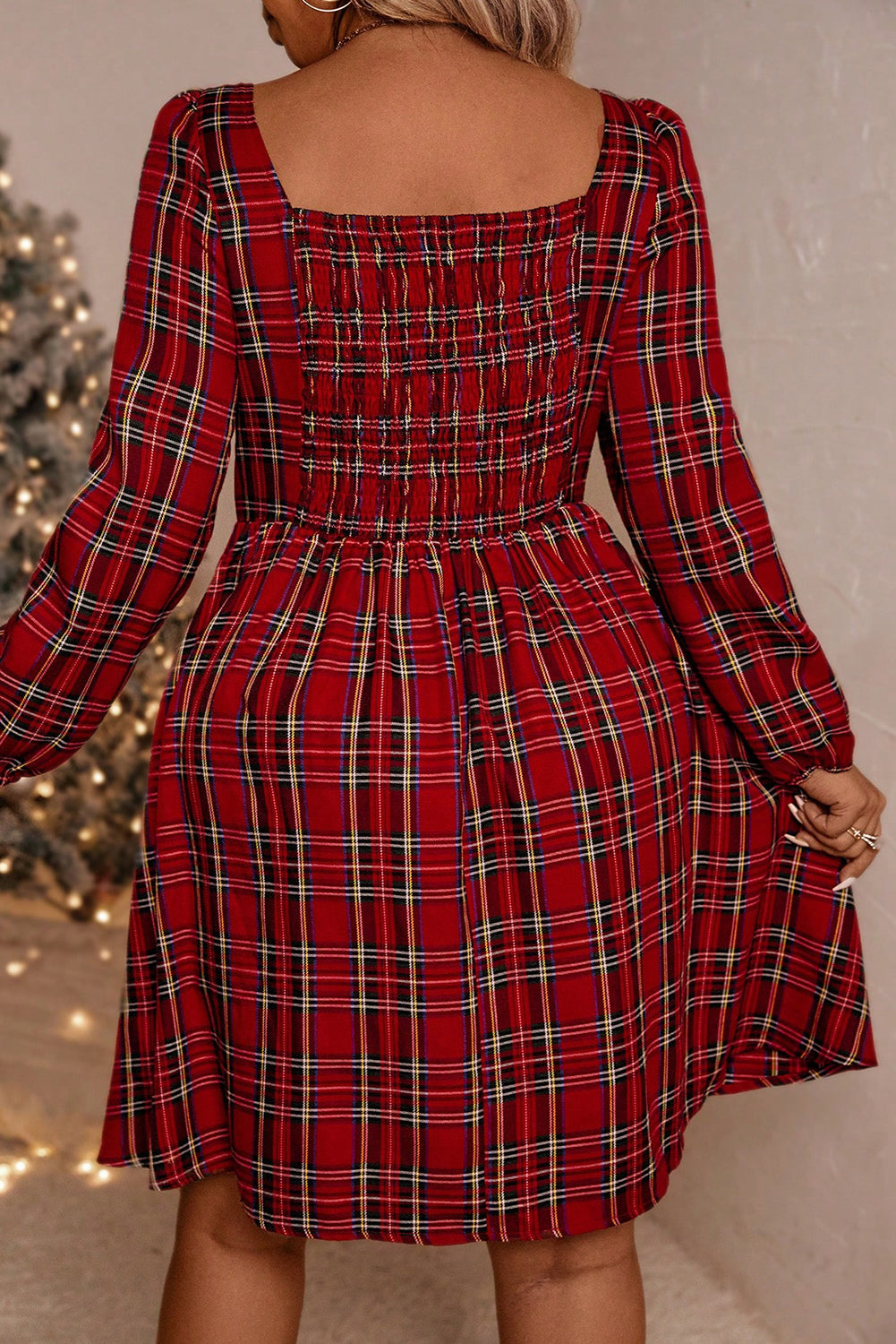 Red Plus Size Christmas Inspired Plaid Ribbon Bow Square Neck Long Sleeve Dress