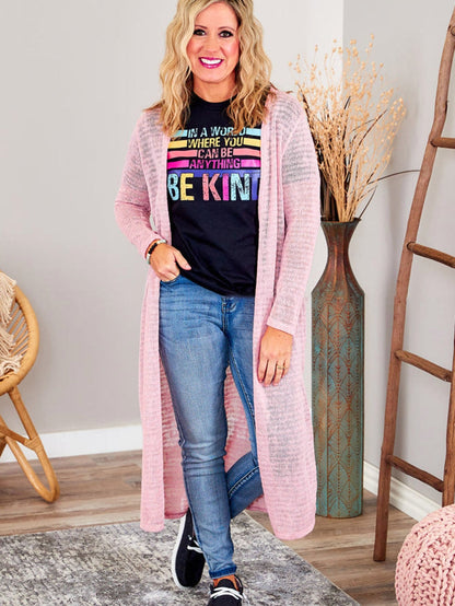 Pink Sheer Knit Long Side Slit Plus Size Cardigan with Southern Belle Style