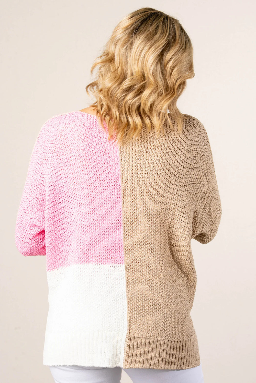 Pink Color Block Knit V Neck Loose Sweater
