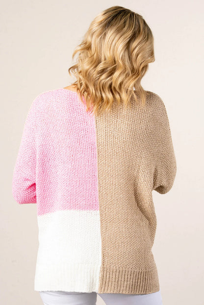 Pink Color Block Knit V Neck Loose Sweater