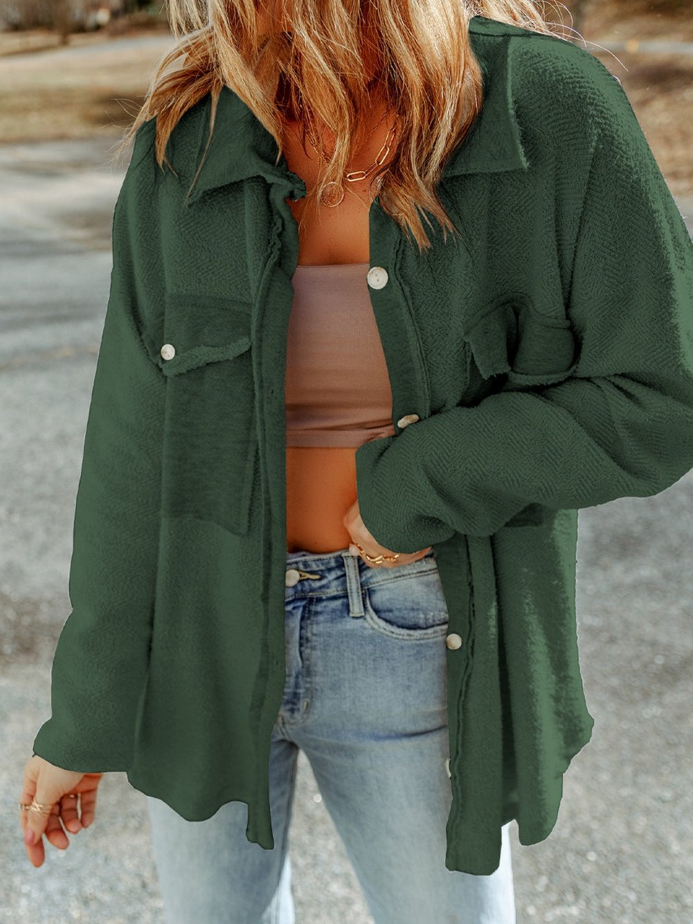 Green Knit Cotton Blend Casual Shacket with Chest Pockets